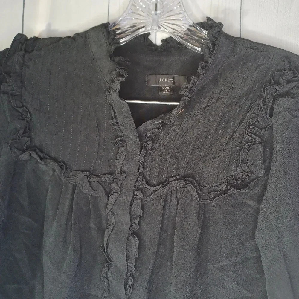 J.Crew 100% silk feminine ruffled workwear preppy black long sleeve blouse - Picture 3 of 10